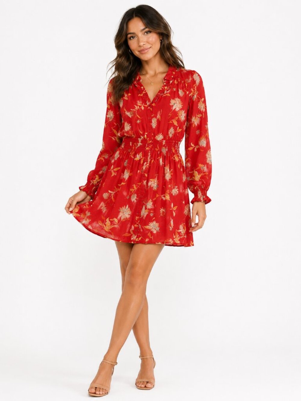 Free People Ruthie Floral Mini Dress Red Boho Long Sleeve Size S - Picture 2 of 10